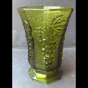 Anchor Hocking Vintage Green Footed Octagon Glass Vase with Leaves and Grapes